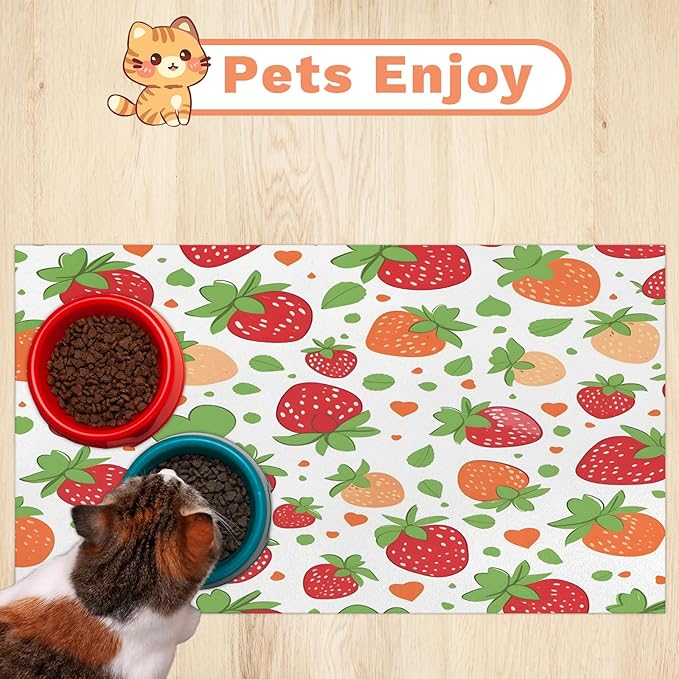 Strawberry Dog Food Mat for Floors Absorbent Dog Bowl Mat for Food and Water Dispenser Quick Dry Cat Food Placemat Pet Supplies 16" x 24", Red Strawberry