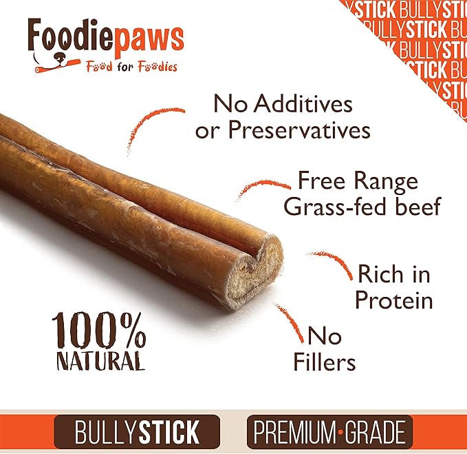 FOODIEPAWS 12 Inch Bully Sticks for Dogs, 5 Pack | All Natural, Grass-Fed Beef Pizzle | Rawhide-Free & Odor-Free Dog Chews | Fully Digestible, Long Lasting Treats for Medium & Large Dogs
