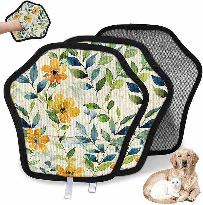 Watercolor Flowers Leaves Electrostatic Pet Hair Removal Glove for Cats & Dogs - Reusable Grooming Mitt for Couch, Carpet, Car Seat & Laundry - Large 9x9 Inch