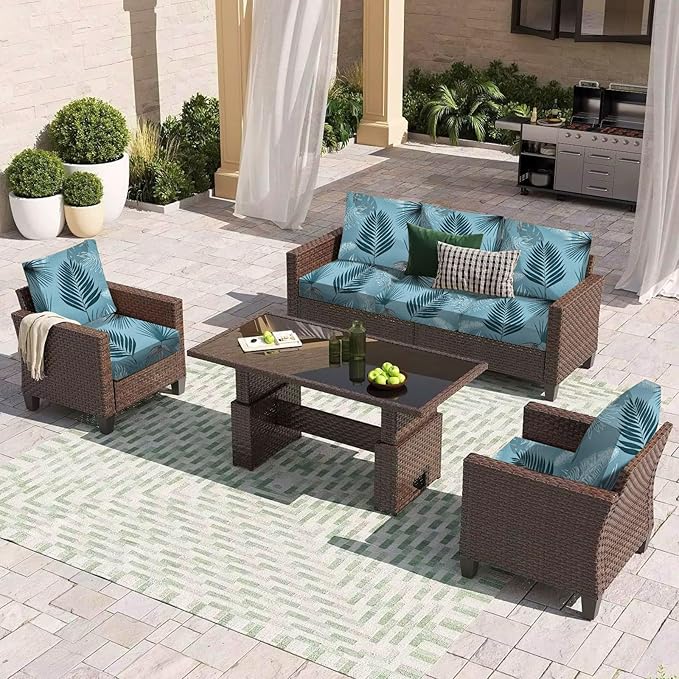 HANDONTIME 8Pcs Outdoor Patio Cushion Covers Palm Leaves Stretch Couch Cushion Cover Patio Couch Slipcover for Outdoor/Indoor Washable Non-Slip Furniture Protector for Pets (Dusty Teal,Cover Only)
