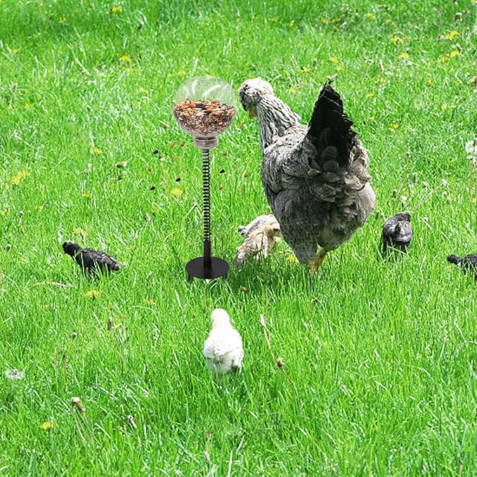 Chicken Enrichment Toys with Spring and Ground Stake, 2 Peck Treat Dispenser, Chicken Feeder for Coop, Coop Accessories for Hens, Geese, Ducks, Turkeys, Other Poultry