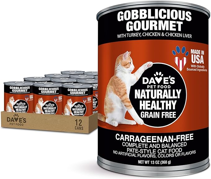 Dave's Pet Food Grain Free Wet Canned Cat Food Pate (Gobblicious Gourmet), Made in USA Naturally Healthy, Added Vitamins & Minerals, 13 oz Cans (12 Pack)