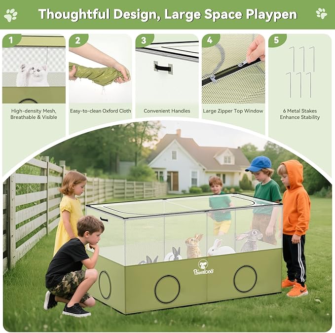 Pawaboo Small Animal Playpen, Pet Cage Tent with Breathable Mesh Wall and Bottom, Foldable Small Pet Enclosure for Puppy Kitten Rabbit Chicken Hamster Guinea Pig Indoor Outdoor Fence, Green