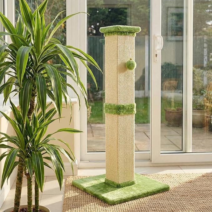 Tall Cat Scratching Post, 32'' Heavy Duty and Thick Scratching Post, Scratching Post for Adult Cats, Thick Sisal Rope with Hanging Ball, Green