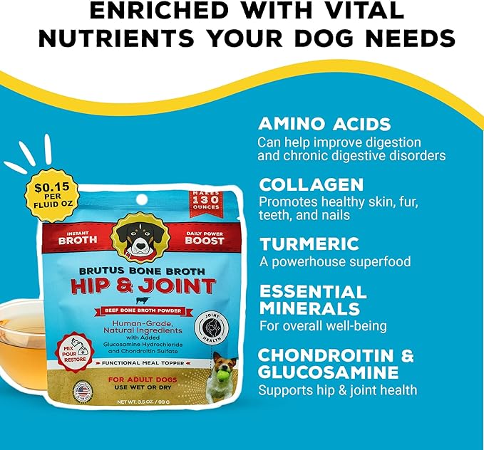 Brutus Broth Dog Food Topper - Instant Bone Broth Powder for Adult Dogs - Supports Hip and Joint Function - Human-Grade Quality - Serve Dry or Wet - Beef Flavor - 3.5 oz Pack (Makes 130 oz with Water)