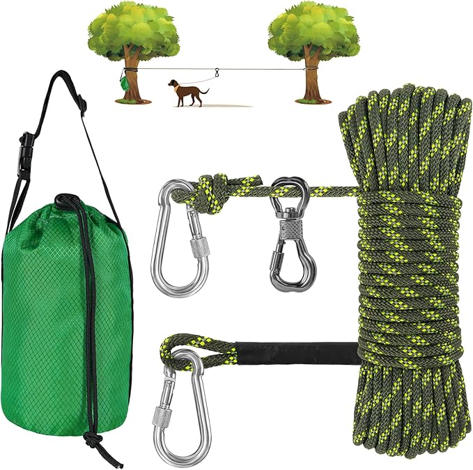 XiaZ Dog Tie Out Cable for Camping, 75ft Portable Overhead Trolley System for Dogs up to 200lbs，Dog Lead for Yard, Camping, Parks, Outdoor Events,5 min Set-up