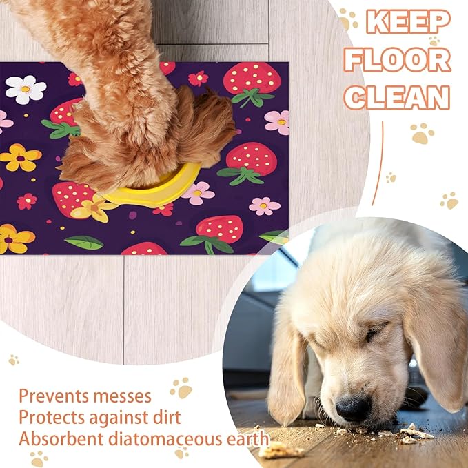 Strawberry Dog Food Mat for Floors Absorbent Dog Bowl Mat for Food and Water Dispenser Quick Dry Cat Food Placemat Pet Supplies 12" x 20", Floral