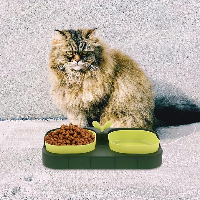Cat and Dog Double Bowl Pet Feeder Set, Plastic Sturdy Food and Water Bowls for Indoor Feeding, Puppy and Kitten Feeding Supplies, Moss Green