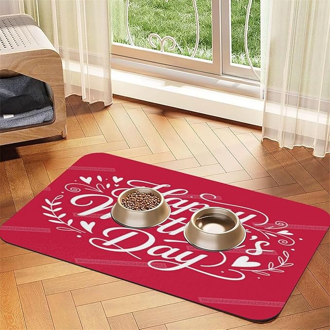 Pet Feeding Mats with Residue Collection Red Happy Mother's Day Floral Gift for Mom Dw Waterproof Dog Cat Bowl Mat 18X12In with Prevent Water Food Spills