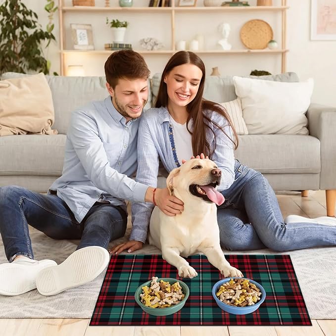 Christmas Plaid Dog Food Mat for Floors Absorbent, Quick Dry Water Dispenser Mat for Food, Water, Pet Supplies 16" x 24", Red Green Check