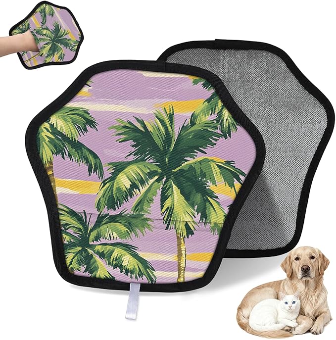 Reusable Pet Hair Removal Glove Palm Trees Theme Magic Brush for Cat & Dog Hair Remover for Car, Sofa, Bedding, Clothes - 9x9 Mitt Washable
