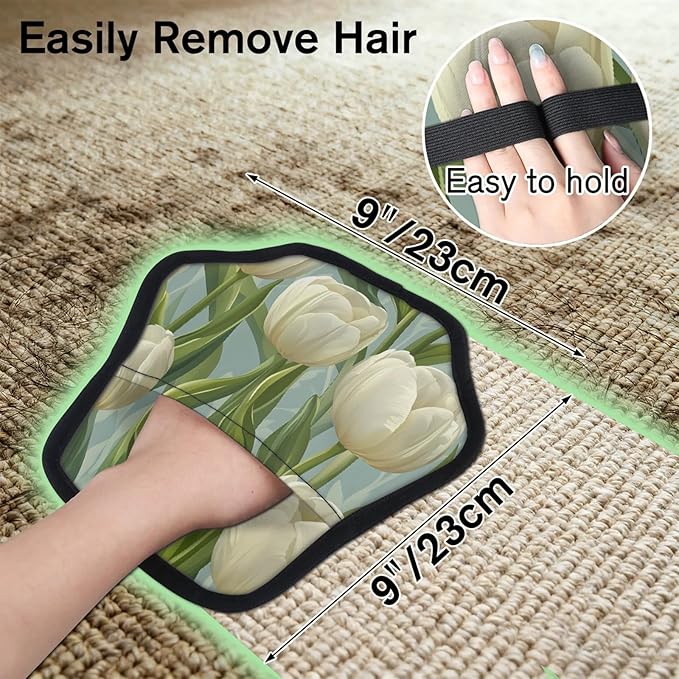 Floral Tulip Print Electrostatic Pet Hair Removal Glove for Cats & Dogs - Reusable Grooming Mitt for Couch, Carpet, Car Seat & Laundry - Large 9x9 Inch