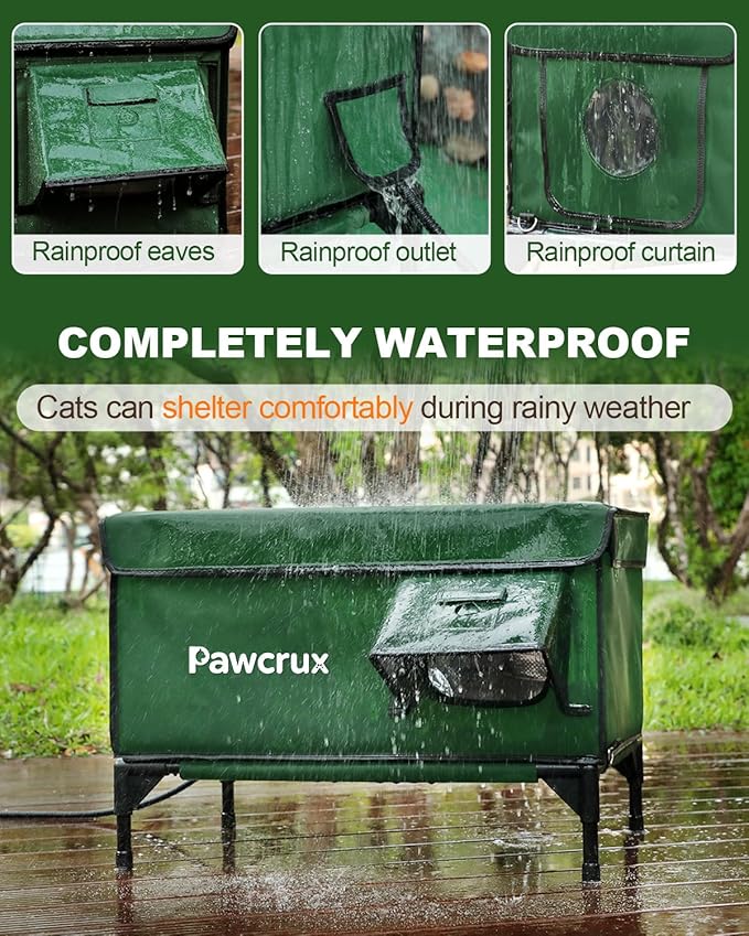 Weatherproof Heated Cat House for Outdoor in Winter, Heated Cat Bed Kitty Shelter with Cat Heating Pad, Insulated & Safe Escape Door, Warm House for Outside Stray Cat (Green, 17"x25"x17")