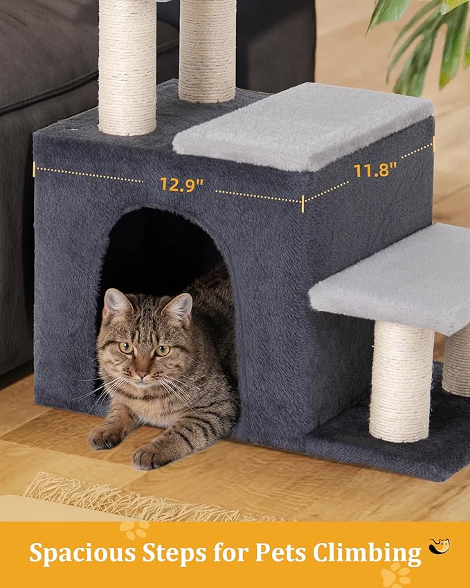 3-in-1 Pet Stairs for Cats, Dog Steps for Small Doggie Rabbits, 6.29''Depth Cat Stairs, Indoor Cat Ladders for High Bed for Pet's Joints, 1 Cat Condo Cave, Sisal Scratcher, Grey, Medium