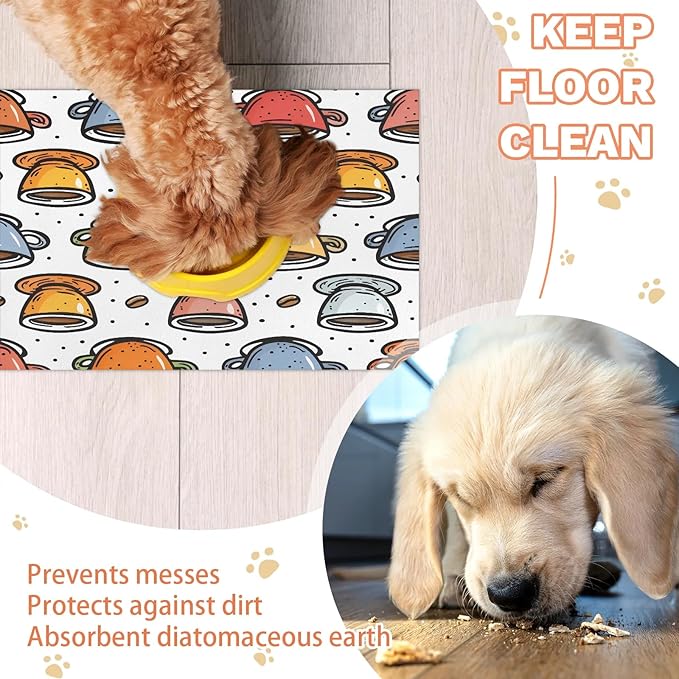 Coffee Cup Dog Food Mat for Floors Absorbent Dog Bowl Mat for Food and Water Dispenser Quick Dry Cat Food Placemat Pet Supplies 16" x 24", Colorful Cup