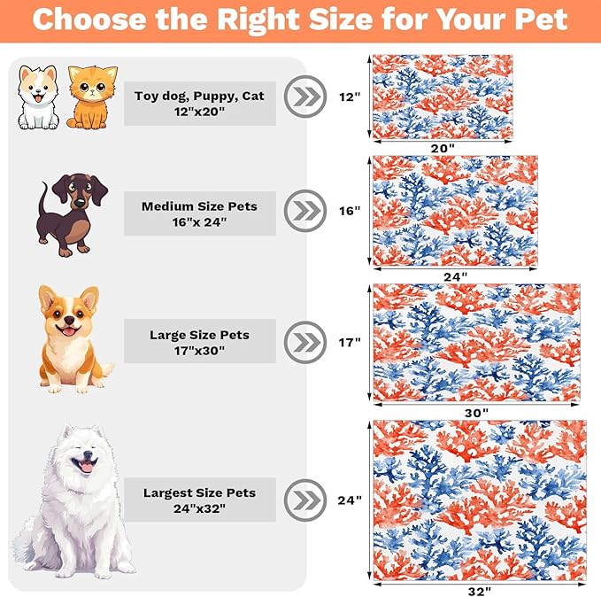 Coastal Beach Dog Food Mat for Floors Absorbent Dog Bowl Mat for Food and Water Dispenser Quick Dry Cat Food Placemat Pet Supplies 24" x 32", Watercolor Coral