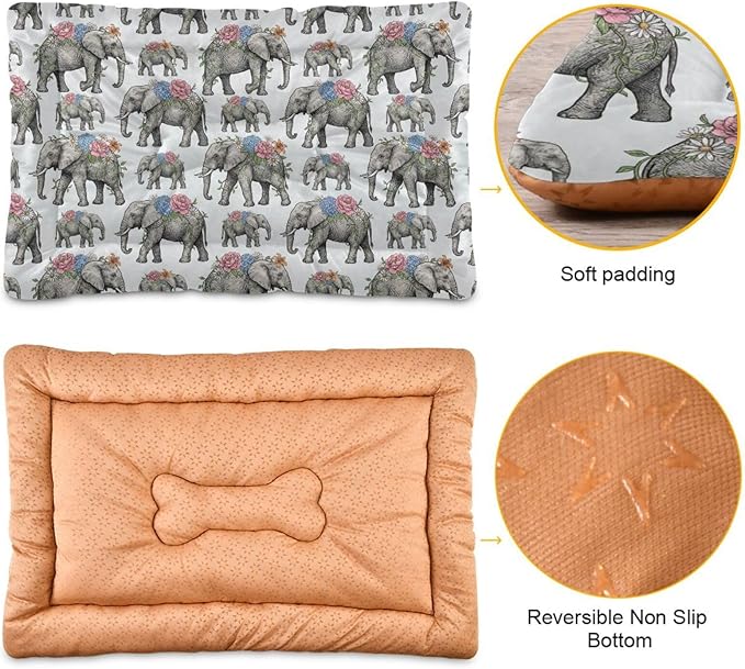 Dog Bed for Crate Washable Pet Sleep Pad, Elephant Print Kennel Mat with Non-Slip Bottom, Soft Fluffy Supplies Pet for Dogs and Cats (24x18 inch)
