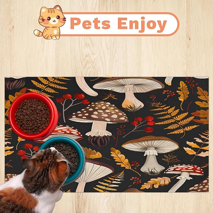 Autumn Mushroom Dog Food Mat for Floors Absorbent Dog Bowl Mat for Food and Water Dispenser Quick Dry Cat Food Placemat Pet Supplies 17" x 30", Fall Maple Leaf