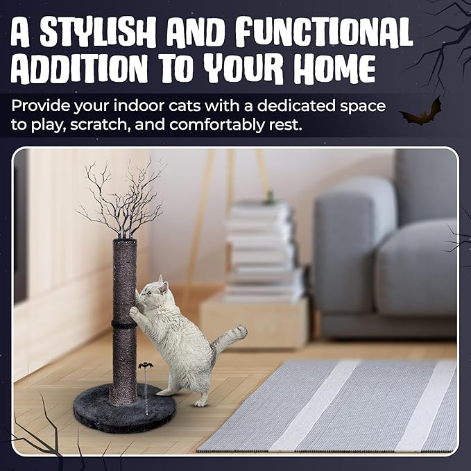 Black Cat Scratching Post – 37” Cute Cat Scratching Post Featuring Durable Sisal, Spooky Tree Design & Spider Goth Cat Toys for Indoor Cats