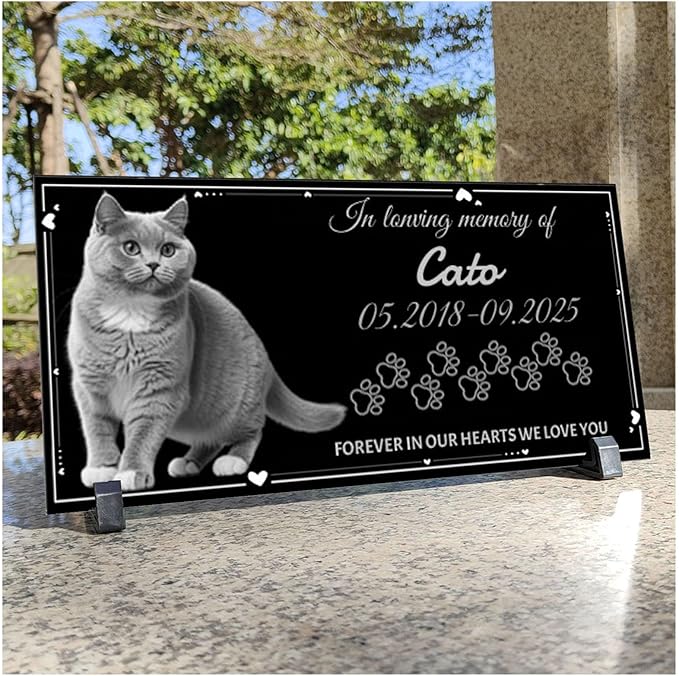 Dog Headstone, Memorial Stone,Black Granite Memorial Garden Stone Engraved with Photo,Pet Headstones Personalized Pet Memorial Stones for Dog,Cat Tombstone (Cat Headstone)