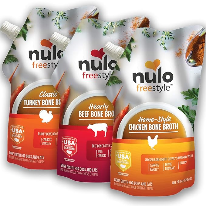 Nulo Freestyle Bone Broth, Premium Food Topper for Cats and Dogs, with Collagen and Chondroitin Sulfate to Help Boost The Quality of Your Pet’s Coat and Skin, 20 Fl Oz (Pack of 3)