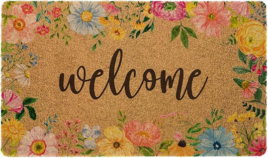 Floral Spring Doormat Flower Welcome Floor Mat Non-Slip Door Rug for Indoor Outdoor Kitchen Bathroom Entrance Porch, 24x36 Inch