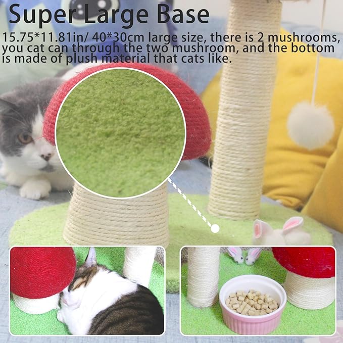 Red Mushroom Cat Scratching Post, Kitten Post Scratcher, Big 16in Base, Mushroom Cat Tree, Natural Sisal Scratching Poles with Interactive Toy Ball, Cute Furniture Scratching Posts for Indoor Cats