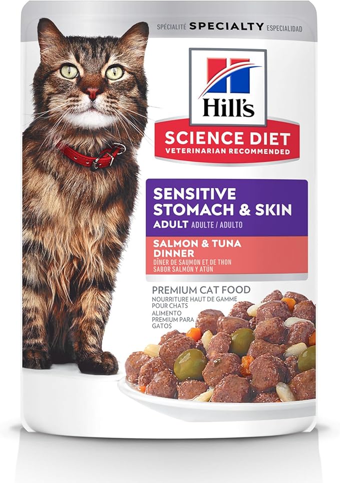 Hill's Science Diet Sensitive Stomach & Skin, Adult 1-6, Stomach & Skin Sensitivity Support, Wet Cat Food, Salmon & Tuna Stew, 2.8 oz Pouch, Case of 24