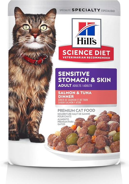 Hill's Science Diet Sensitive Stomach & Skin, Adult 1-6, Stomach & Skin Sensitivity Support, Wet Cat Food, Salmon & Tuna Stew, 2.8 oz Pouch, Case of 24