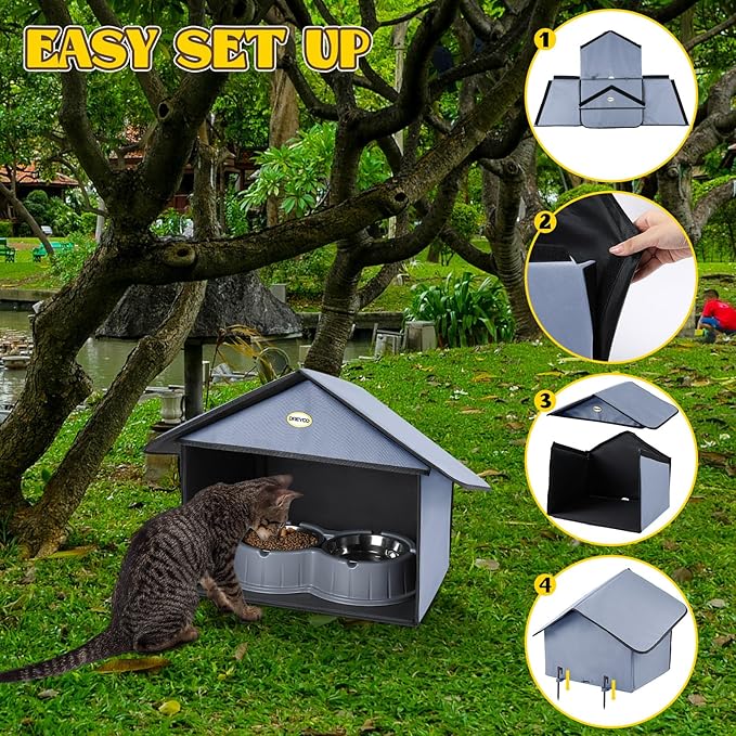 Dreyoo Outdoor Cat Feeding Station for Food & Water, Weatherproof Outdoor Kitty Dining Room Cat Shelter for Stray, Feral Cats and Community Cats, 13”d x 17”w x 15.5'h(1 Pack,Dusty Blue)
