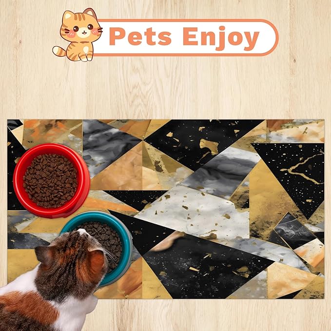 Marble Dog Food Mat for Floors Absorbent, Quick Dry Water Dispenser Mat for Food, Water, Pet Supplies 24" x 32", Black Gold Abstract