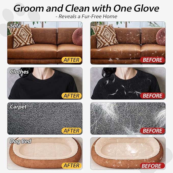 LIANZIMAU Dual Side Pet Hair Remover Glove Electrostatic Pet Hair Remover for Cat Dog Furniture Couch Car Seats Reusable with Thumb Hole Adjustable Wrist Strap (1 PCS)
