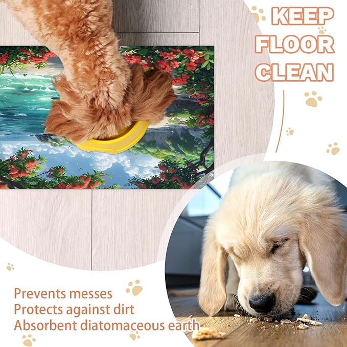 Sea Ocean Dog Food Mat for Floors Absorbent, Quick Dry Water Dispenser Mat for Food, Water, Pet Supplies 24" x 32", Hawaiian Beach