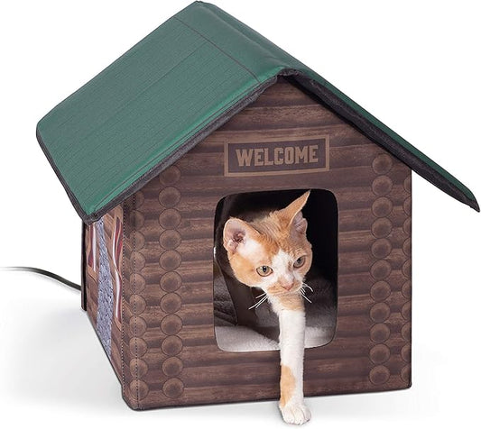 K&H Pet Products Heated Outdoor Cat House for Outside Pets in Winter, Weatherproof Outdoor House for Ferals, Insulated Kitty Shelter, 2 Doors, Waterproof Heated Cat Bed, Safety Listed - Log Cabin 20W