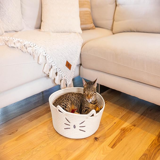 Catstages Bed & Basket Retreat 2-in-1 Cat Bed with Removable Cushion, Plush Cotton Rope, White, 15 in – Versatile Pet Bed and Toy Storage Basket