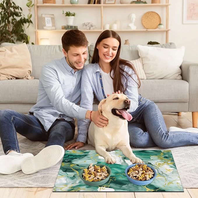 Marble Dog Food Mat for Floors Absorbent, Quick Dry Water Dispenser Mat for Food, Water, Pet Supplies 17" x 30", Green Gold Abstract