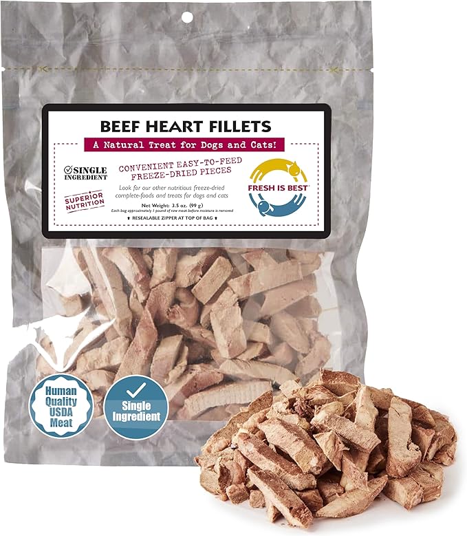 Fresh Is Best Freeze Dried Dog Treats – Raw Freeze Dried Dog Food for Cats & Canines – Training Treat in Resealable Zipper Bag – High-Protein Beef Heart Fillets – Made in The USA