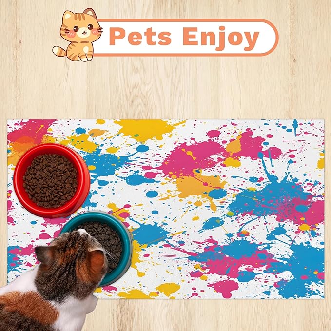 Colorful Graffiti Dog Food Mat for Floors Absorbent Dog Bowl Mat for Food and Water Dispenser Quick Dry Cat Food Placemat Pet Supplies 16" x 24", Abstract