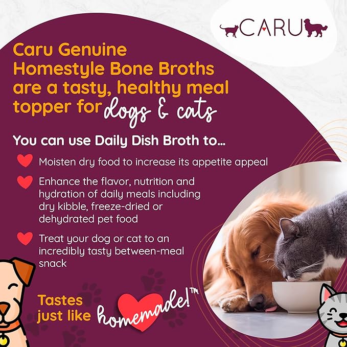 Caru - Classics Grass-Fed Beef Bone Broth and Classics Free Range Chicken Bone Broth - Healthy Functional Food Topper for Dogs & Cats - 6 Pack - Variety Pack