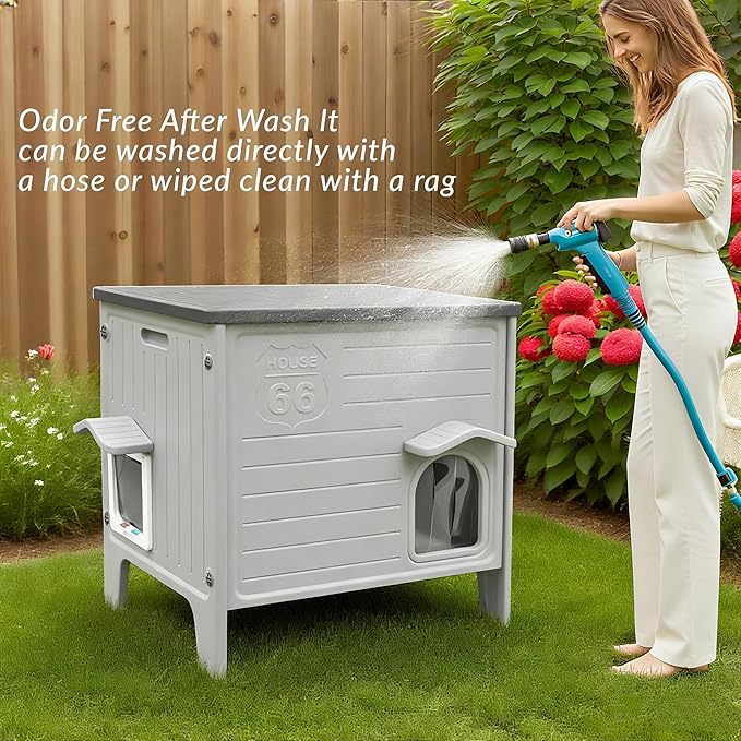 Weatherproof Outdoor Cat House with Insulated Liner for Feral Cat, Plastic Elevated Cat Shelter with Escape Door, Easy Assemble, Expansive Interior‌ Grey 27.0" L x 27.0" W x 21.0" H