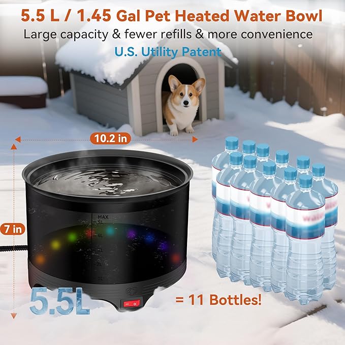 5.5L Heated Water Bowl, 1.45Gal Winter Large Heated Dog Bowls for Outside, Outdoor Waterproof Heat Pet Water Bowl with Chew Resistant Power Cord & LED Neon for Dogs/Cats/Chickens/Ducks