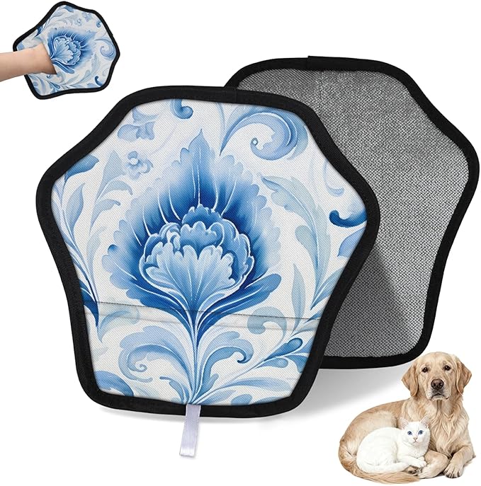 Reusable Pet Hair Removal Glove Blue Floral Watercolor Magic Brush for Cat & Dog Hair Remover for Car, Sofa, Bedding, Clothes - 9x9 Mitt Washable