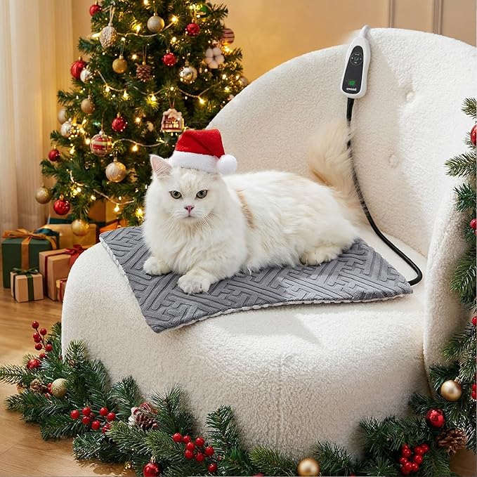 Cat Heating Pad - 11 Adjustable Temperature and 25 Timer Options, Heated Cat Bed Indoor Waterproof with Chew-Resistant Cord for Small Dogs, 17.5x14 Inch