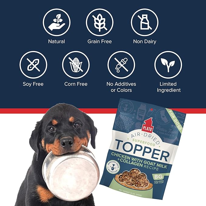 Plato Pet Treats Dog Food Toppers - Air-Dried Dog Food Toppers for Dry Food - with Collagen to Support Skin and Coat Health - Goat Milk & Collagen Recipe 12oz