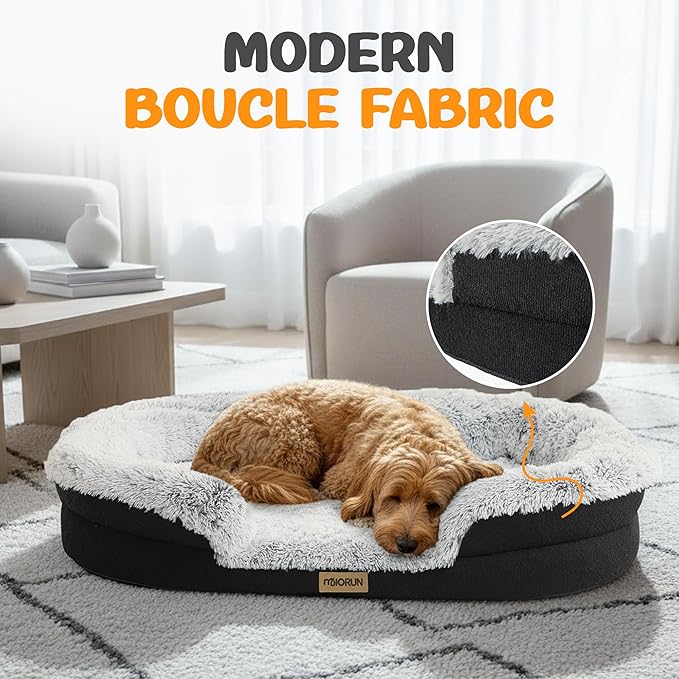 Fluffy Orthopedic Jumbo Dog Bed for Extra Large Dogs, Calming Plush Sofa Bed with Curved Bolster Support, 48" Cozy Oval Pet Donut Bed with Washable Cover, Gray