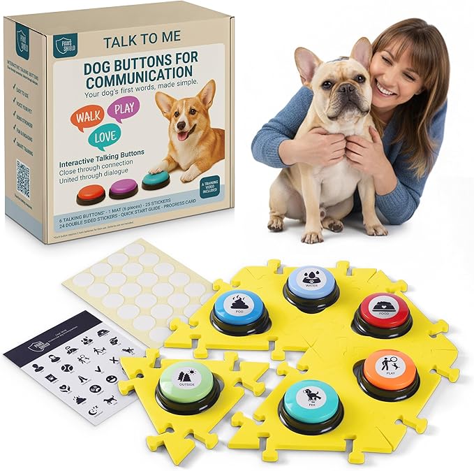 Dog Buttons for Communication with Mat (6 Pieces) - 6 Recordable Dog Talking Buttons - Teach Your Dog to Talk - Smart Dog Training Starter Set - Ideal Gift for Your Lovely Dog