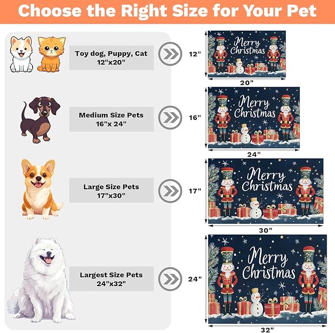 Merry Christmas Dog Food Mat for Floors Absorbent, Quick Dry Water Dispenser Mat for Food, Water, Pet Supplies 12" x 20", Christmas Nutcrackers