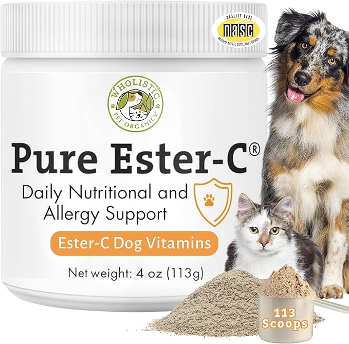 Wholistic Pet Organics Ester-C Powder for Dogs & Cats - Cat & Dog Allergy & Itch Relief - Vitamin C Immune Support Supplement - Itchy Skin Support for Seasonal Dog Allergy Relief - 4 oz - 113 Scoops