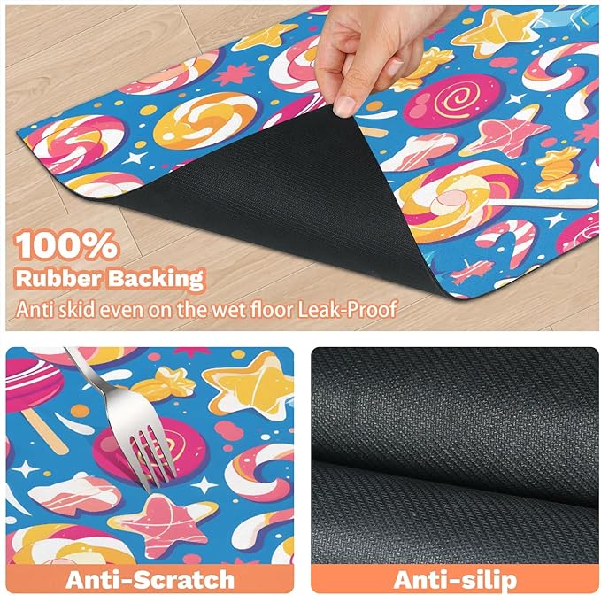 Colorful Candy Dog Food Mat for Floors Absorbent Dog Bowl Mat for Food and Water Dispenser Quick Dry Cat Food Placemat Pet Supplies 17" x 30", Rainbow Lollipop