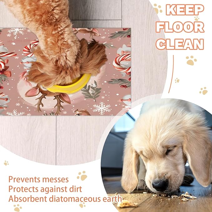 Christmas Deer Dog Food Mat for Floors Absorbent, Quick Dry Water Dispenser Mat for Food, Water, Pet Supplies 16" x 24", Cute Animal